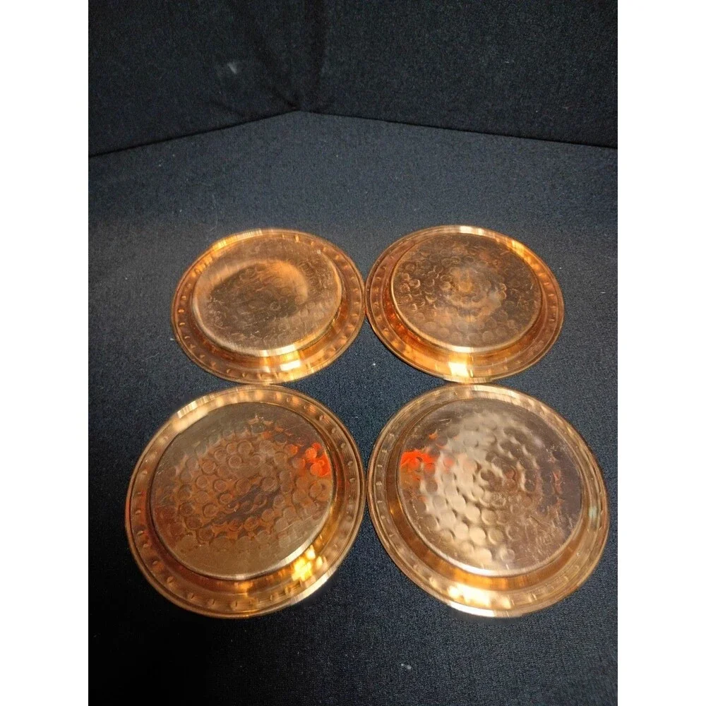 Set of 4 Hammered Copper Coasters Round Rustic Barware Cocktail Drink